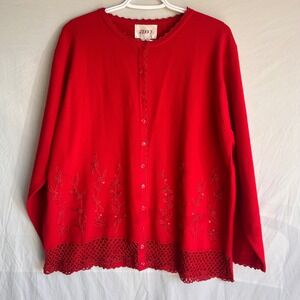 Vintage Jenny Red Grannycore Floral Beaded Embroidered Cardigan Sweater Women 1X